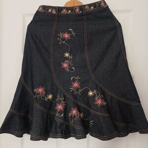 Marie Claire Floral Embroidered Trumpet Midi Denim Skirt